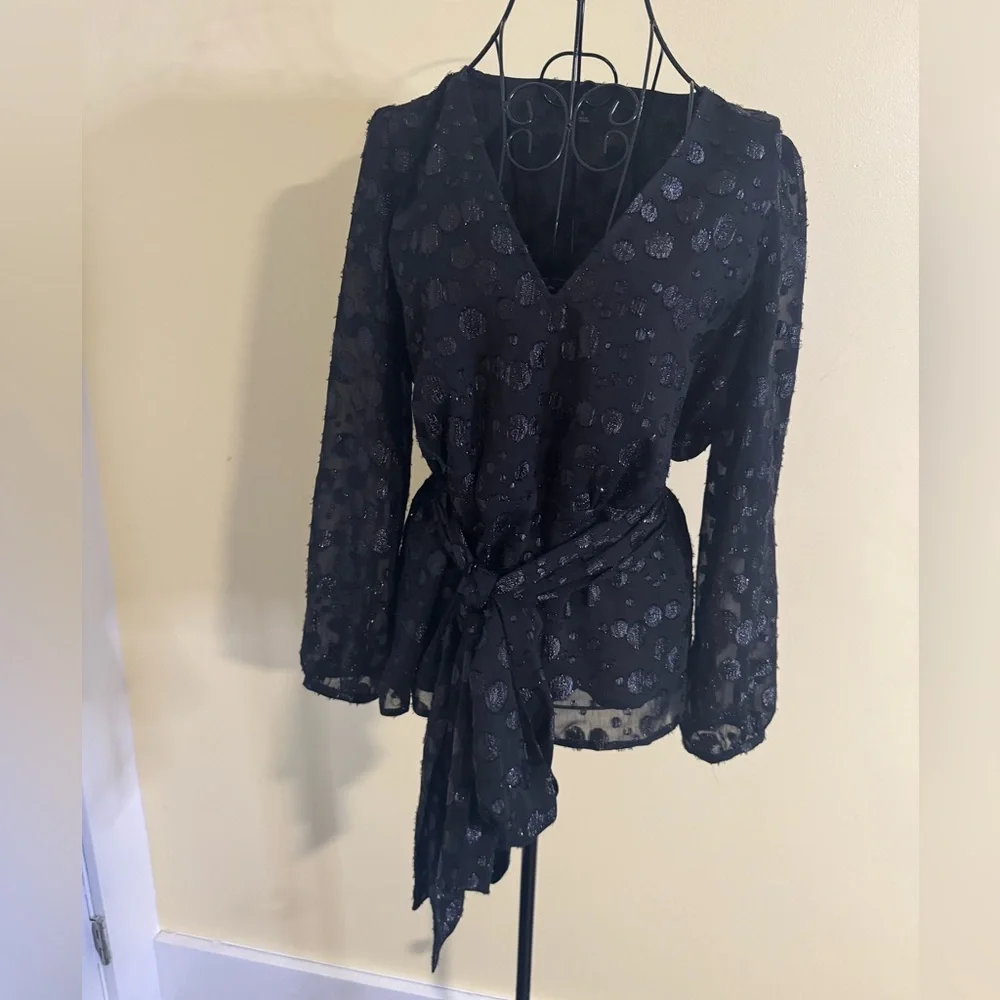 J Crew Tie Waist V Neck Metallic Dot Jacquard Black Blouse Size Small
